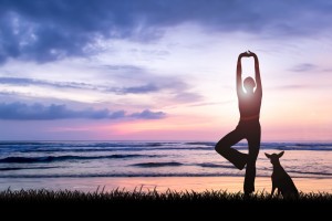 Holistic Health and Wellbeing - Silhouette of young woman practising yoga being one perfect harmony with nature facing ocean on sunset with her dog